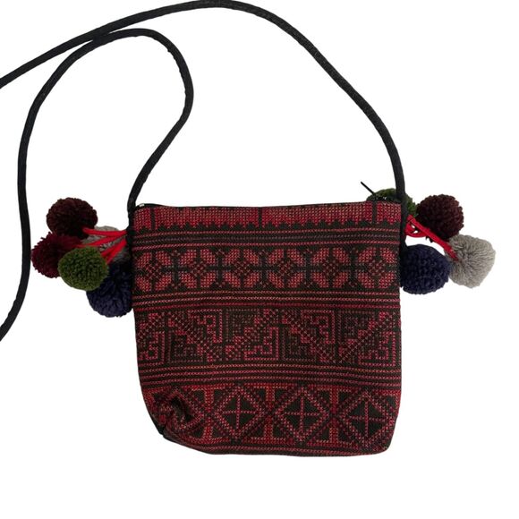 Women's Mini PomPom Crossbody Printed Abstract Zip Pouch Red - Picture 9 of 9